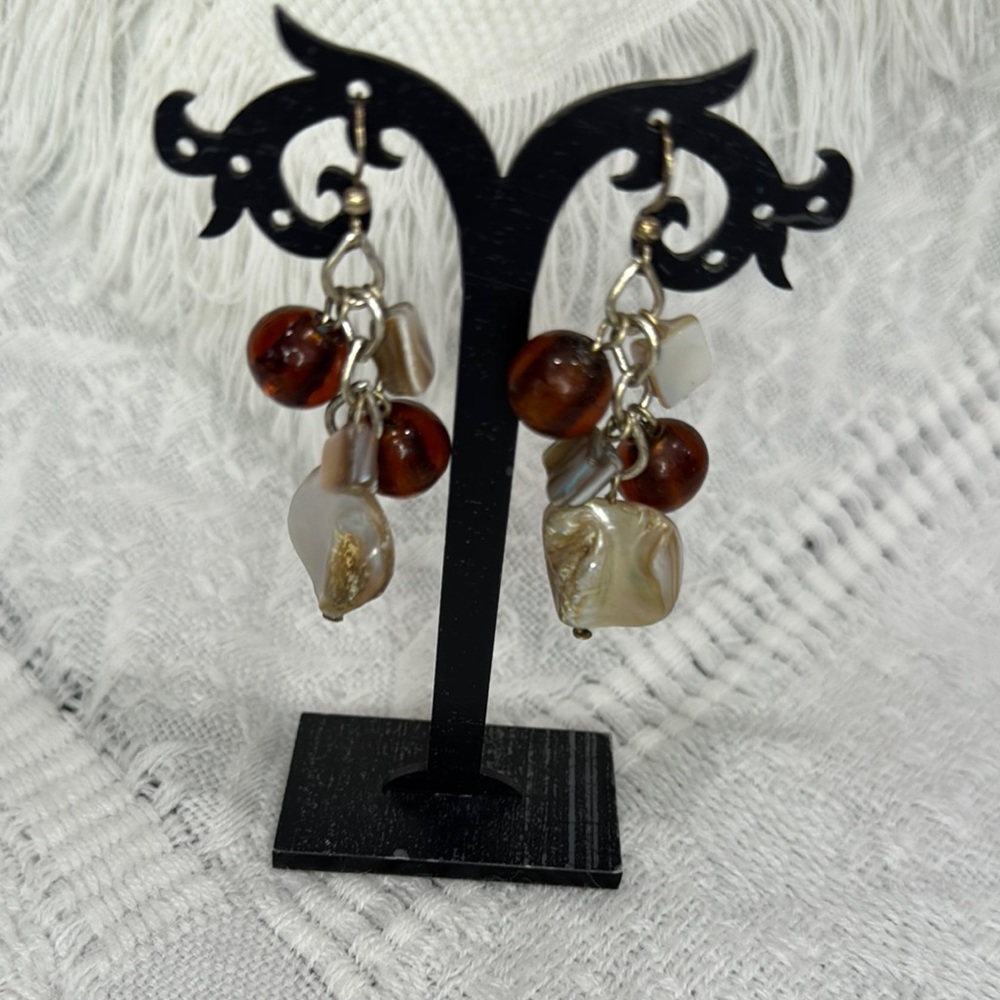 Amber and Nacre Mother of Pearl Stones with silver hardware Earrings